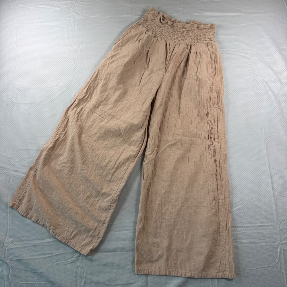 Womens Smocked High Waist Linen Blend Wide Leg Palazzo Pants Beige Tan XL